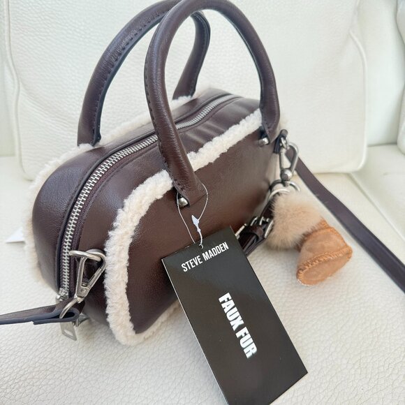 NWT STEVE MADDEN BJEMMIE CROSSBODY BAG SATCHEL W BOOTS KEY RING CHARM BROWN - Picture 2 of 6